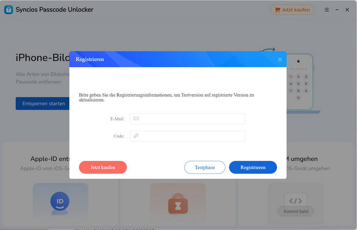 Syncios Passcode Unlocker registrieren