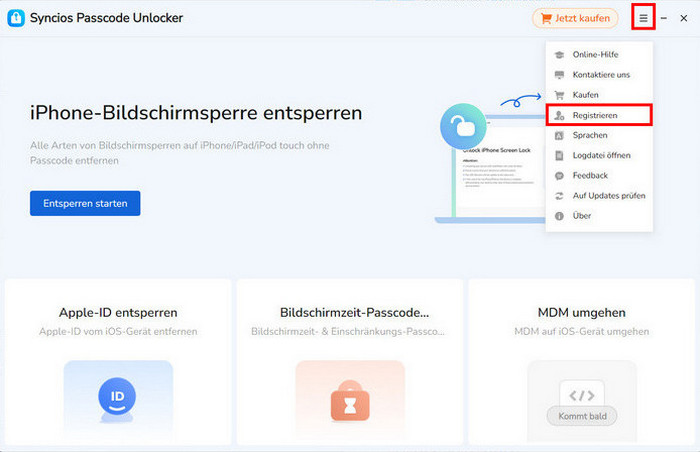 Syncios Passcode Unlocker Menü
