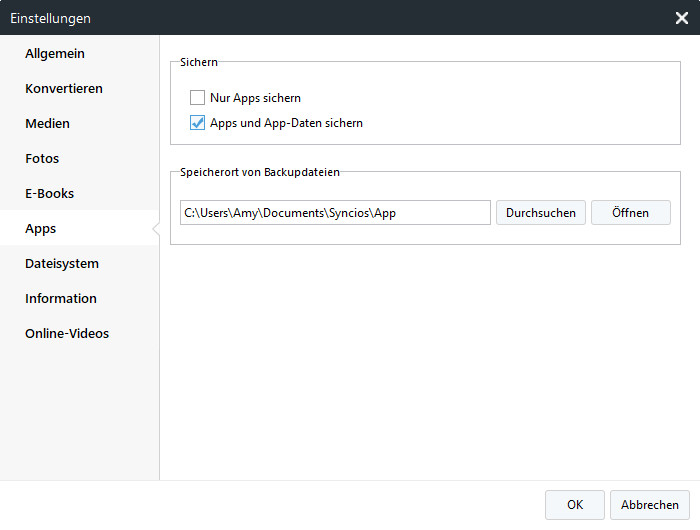 Syncios iOS Apps-Einstellungen