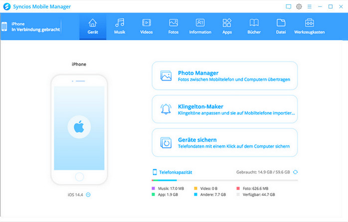 Startseite von Syncios Mobile Manager