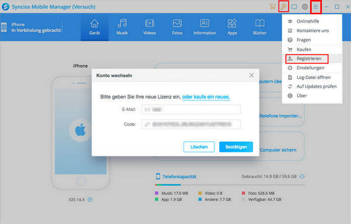 Syncios Mobile Manager registrieren