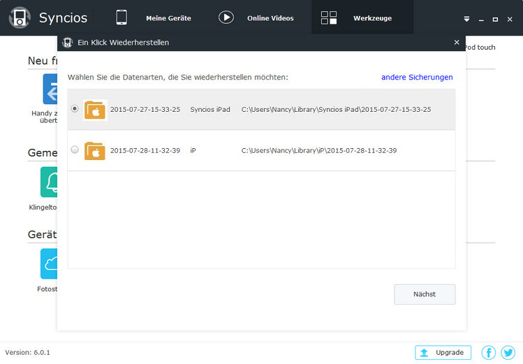 Syncios iOS Transfer mit einem Klick wiederherstellen